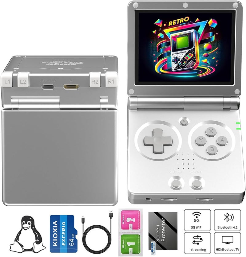 GiipGoop RG35XXSP Handheld Game Console RG35XX SP Clamshell Retro Game Console with 64G TF Card Preloaded Games 5532 Portable Gaming Console with 3.5 inch Screen 3300mAh Battery 5G WiFi Bluetooth HD Silver - Image 1